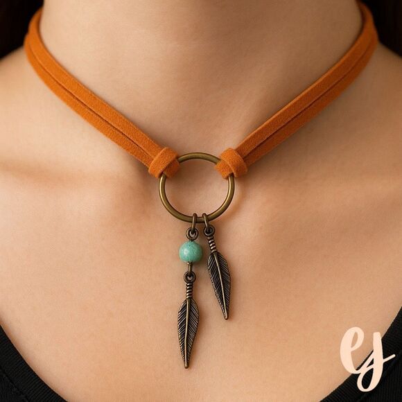 Western Double Strand Faux Suede Necklace with Feather Charms and Turquoise Bead - Picture 1 of 10
